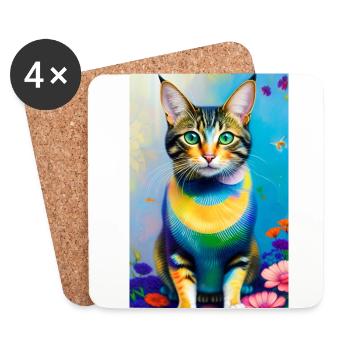 Domestic short haired cat with flowers - Coasters (set of 4) - white - Front
