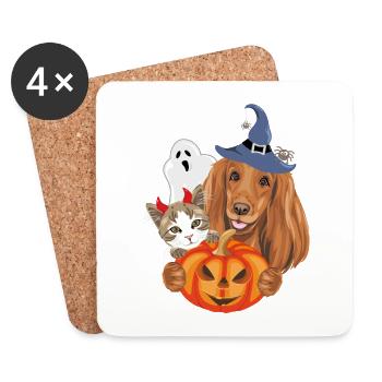Drôle de chat et de chien avec des accessoires fantaisie d’Halloween - Dessous de verre (lot de 4) - blanc - Devant