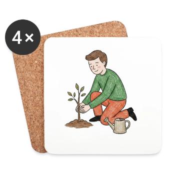 Jeune jardinier plante une pousse - Dessous de verre (lot de 4) - blanc - Devant