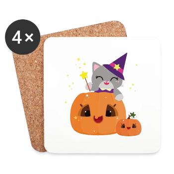Mignon chat sorcière citrouille d’Halloween - kawaii - Dessous de verre (lot de 4) - blanc - Devant
