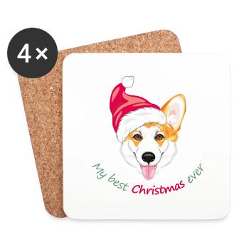 Lächelnder walisischer Corgi mit Weihnachtsmannmütze - Untersetzer (4er-Set) - Weiß - Vorne