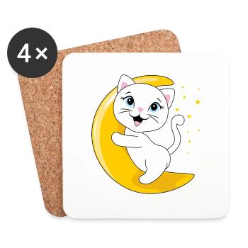 Smiling white cat sitting on the moon - Coasters (set of 4) - white - Front