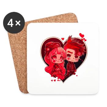 Valentine's Day Couple Chibi Cute Heart Pink Red - Coasters (set of 4) - white - Front
