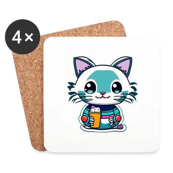 chaton kawaii - mignon - manga - Dessous de verre (lot de 4) - blanc - Devant