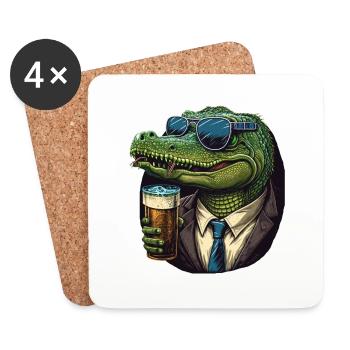 Crocodile in suit with sunglasses drinking beer - Coasters (set of 4) - white - Front