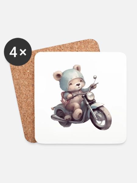 Teddybär Motorrad - Untersetzer (4er-Set) - Weiß