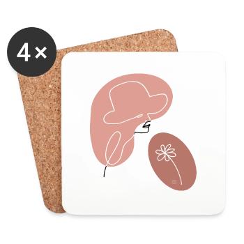 "Lady with Flower", Boho Line Art Design, "Faces" - Coasters (set of 4) - white - Front