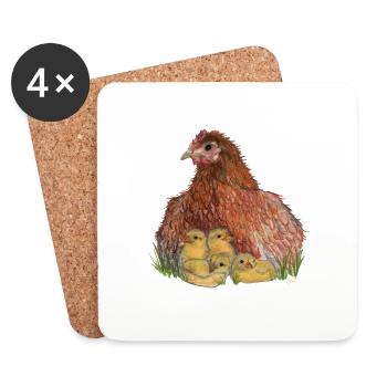 Huhn mit Küken in Wiese - Untersetzer (4er-Set) - Weiß - Vorne