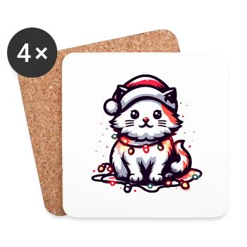 Niedliche Weihnachtskatze Weihnachtsmütze Weihnachtsbeleuchtung - Untersetzer (4er-Set) - Weiß - Vorne