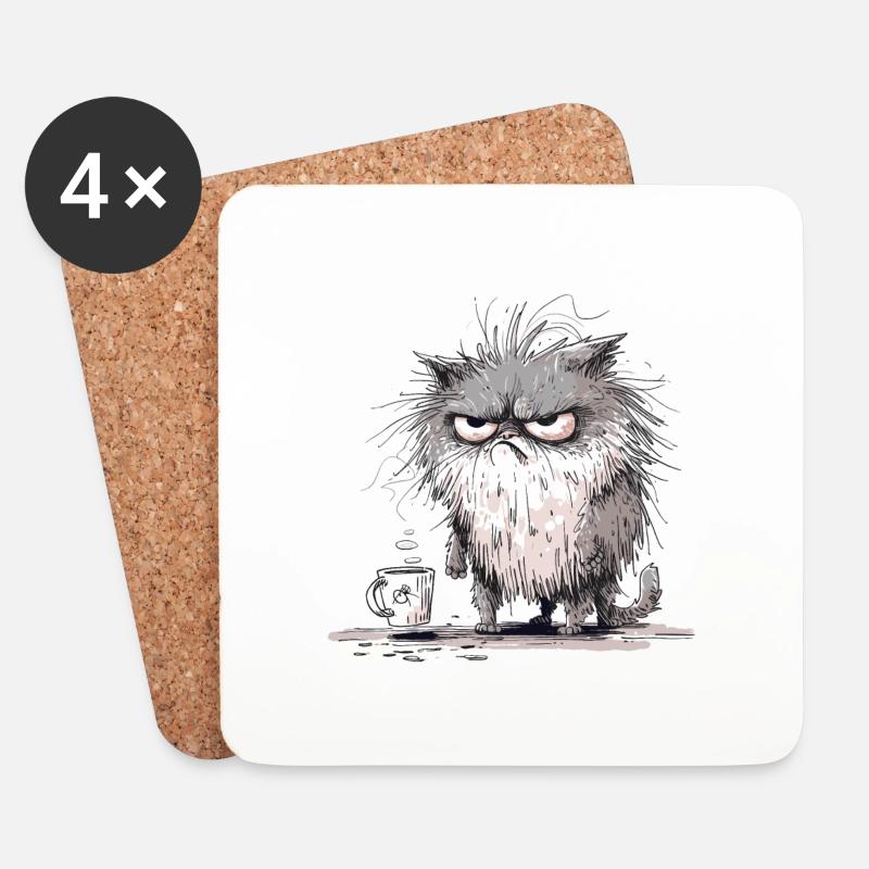 Mürrische Katze Kaffeepause - Lustige Tiermotiv - Untersetzer (4er-Set) - Weiß