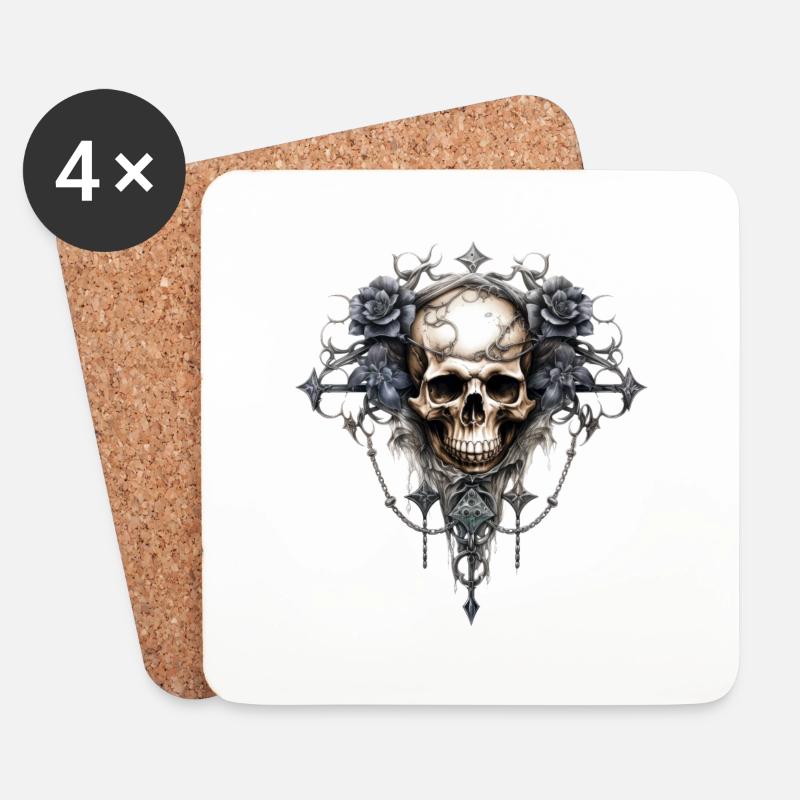 Gothic Kunstdruck mit Totenkopf und Rosen - Untersetzer (4er-Set) - Weiß
