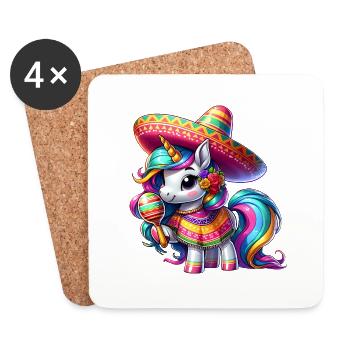 Cinco de Mayo Dessin animé de licorne mignon avec des verts - Dessous de verre (lot de 4) - blanc - Devant
