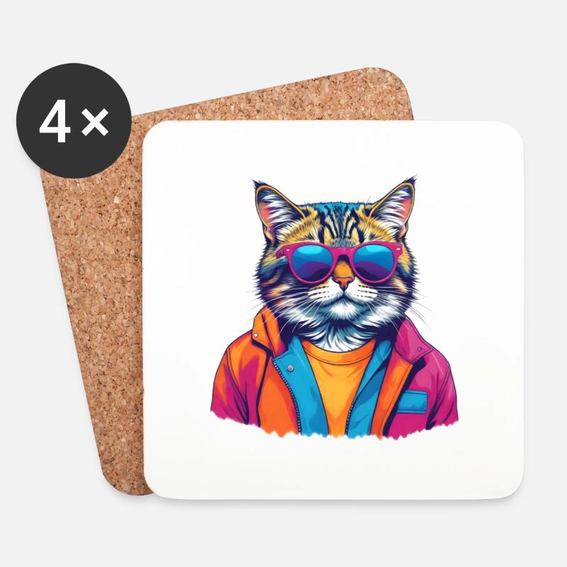 MADFOXX - Cool Colorful Cat - Untersetzer (4er-Set) - Weiß