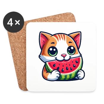 Chat avec melon drôle fruit dessin animé chat - Dessous de verre (lot de 4) - blanc - Devant
