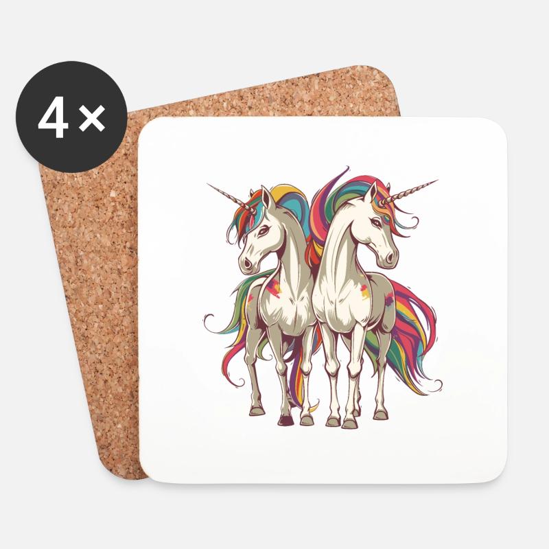 Buntes Einhorn-Duo - Untersetzer (4er-Set) - Weiß