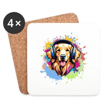 Golden Retriever, Colorful, Painting, Headphones, Graffiti - Coasters (set of 4) - white - Front