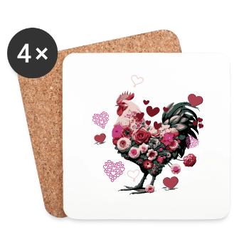 Poulet Fleurs et Coeurs - Dessous de verre (lot de 4) - blanc - Devant