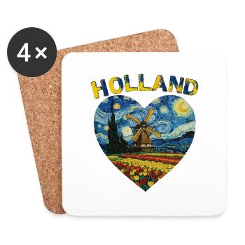 Hollande art Moulin à vent et tulipes VG texte - Dessous de verre (lot de 4) - blanc - Devant