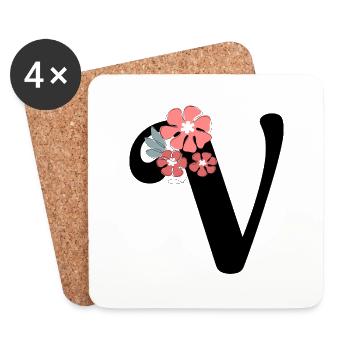 Lettre v fleurs minimalistes - Dessous de verre (lot de 4) - blanc - Devant