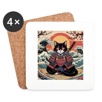 Samurai Cat with Sunset and Waves – Jap - Coasters (set of 4) - white - Front