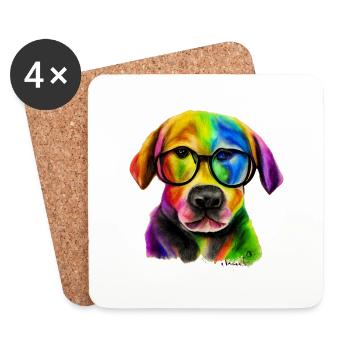 Chien arc-en-ciel Labrador avec lunettes - Dessous de verre (lot de 4) - blanc - Devant