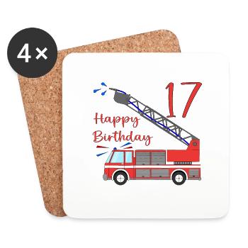 Camion de pompiers Joyeux anniversaire 17 - Dessous de verre (lot de 4) - blanc - Devant