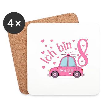 Voiture de police J’ai 8 ans Anniversaire Rose - Dessous de verre (lot de 4) - blanc - Devant