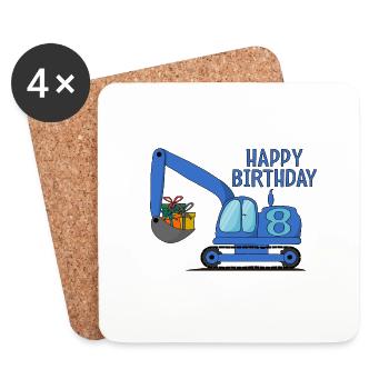 Bagger Kinder Happy Birthday 8 Blau - Untersetzer (4er-Set) - Weiß - Vorne