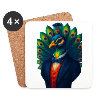 WPAP Style Animals - Peacock in Elegant Suit & Bow Tie - Coasters (set of 4) - white - Front