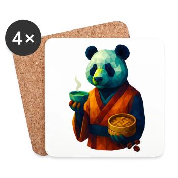 Animaux de style WPAP - Panda ours en kimono buvant du thé - Dessous de verre (lot de 4) - blanc - Devant