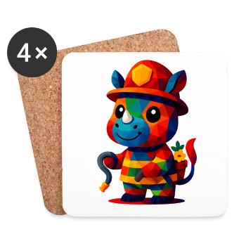 WPAP Polygon Kawaii Tiere Baby Nashorn Feuerwehr - Untersetzer (4er-Set) - Weiß - Vorne