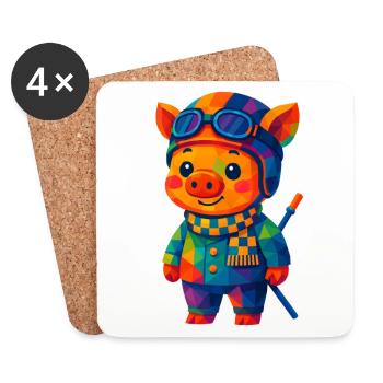 Polygon Kawaii Stil Tiere Baby Rennfahrer-Schwein - Untersetzer (4er-Set) - Weiß - Vorne