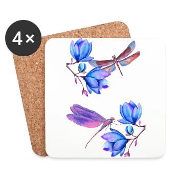 Dragonflies flying between blue flowers - Coasters (set of 4) - white - Front