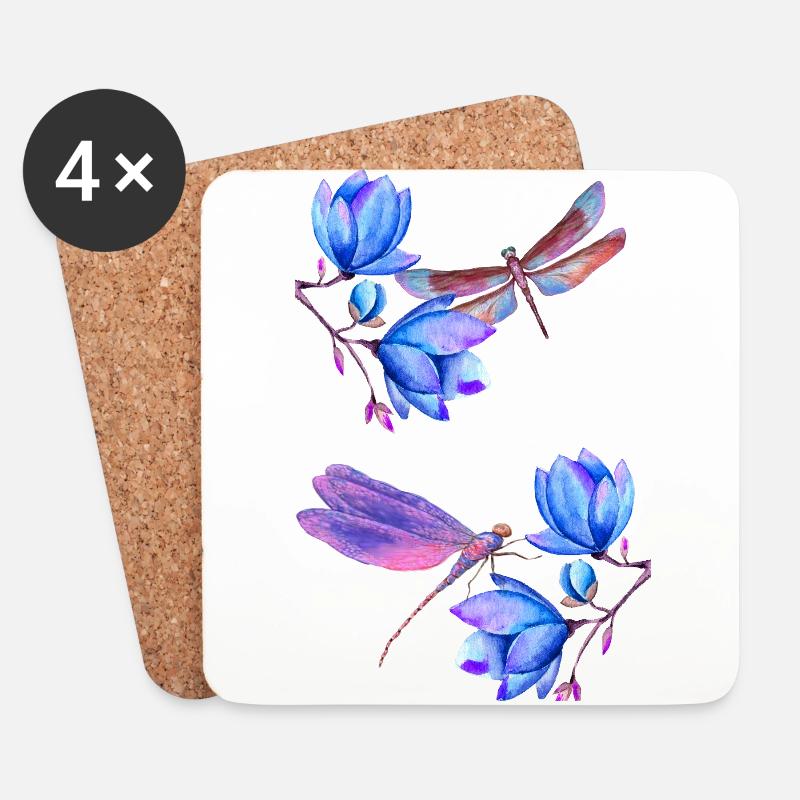 Libellen fliegen zwischen blauen Blumen - Untersetzer (4er-Set) - Weiß