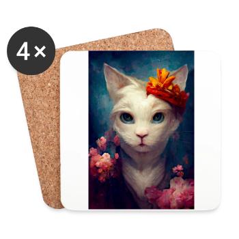 Peinture à l’huile de chat angora turc blanc - Dessous de verre (lot de 4) - blanc - Devant