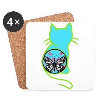 Vintage Retro Spring Cat Butterfly 80's - Coasters (set of 4) - white - Front