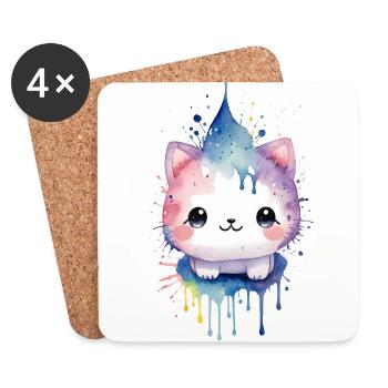 Adorable chat kawaii à l’aquarelle - Dessous de verre (lot de 4) - blanc - Devant