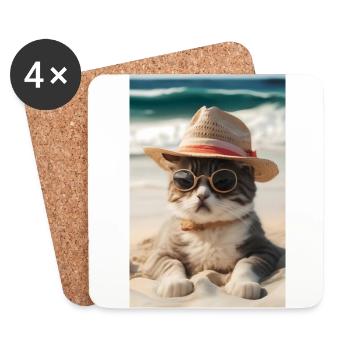 Cool cat on the beach with sunglasses and hat - Coasters (set of 4) - white - Front