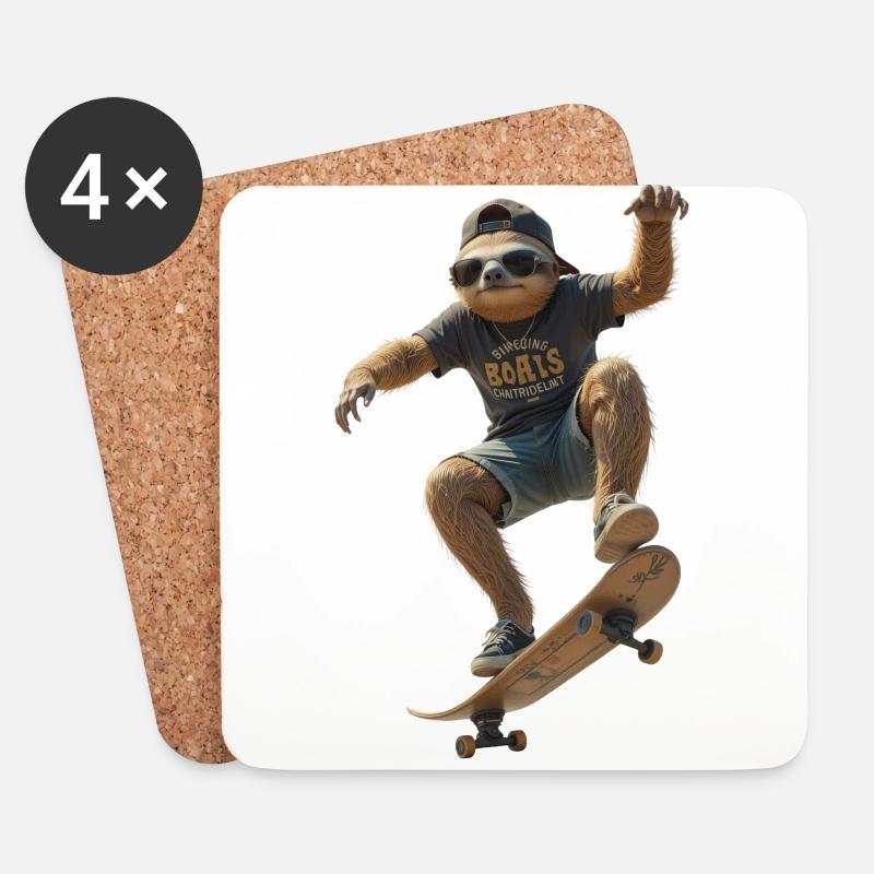 Skater Faultier - Untersetzer (4er-Set) - Weiß
