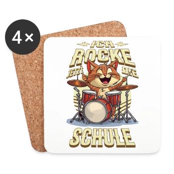 Schulkind Einschulung Katze Schlagzeug Rock Musik - Untersetzer (4er-Set) - Weiß - Vorne