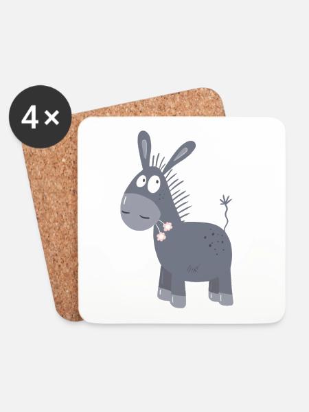 Little Donkey With Flowers I Muli Mule Comic - Coasters (set of 4) - white