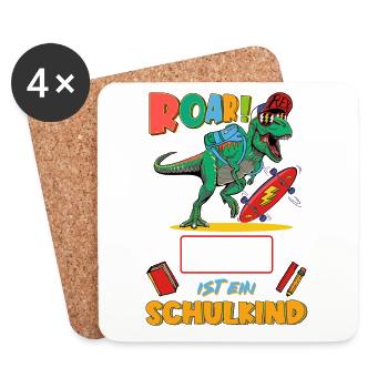 T-Rex Dino Schulkind personalisierbar mit Name - Untersetzer (4er-Set) - Weiß - Vorne