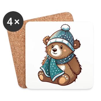 Ours mignon avec écharpe et chapeau à pompon. - Dessous de verre (lot de 4) - blanc - Devant