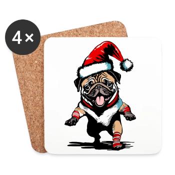 Tanzender Mops mit Weihnachtsmütze - Untersetzer (4er-Set) - Weiß - Vorne