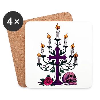 Kerzenständer, Menschenschädel, Rosenblüte - Untersetzer (4er-Set) - Weiß - Vorne