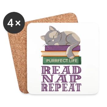 Cute cat on books taking a nap - Coasters (set of 4) - white - Front