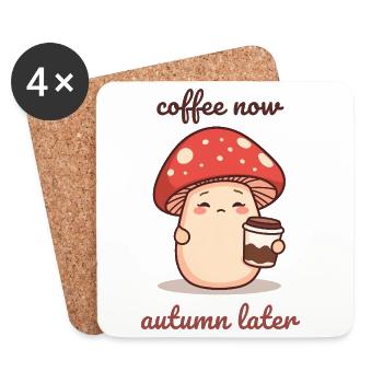 Kawaii Pilz mit Kaffeebecher Herbst Müde - Untersetzer (4er-Set) - Weiß - Vorne