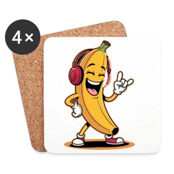 Banane joyeuse avec des écouteurs et une main de pierre - Dessous de verre (lot de 4) - blanc - Devant
