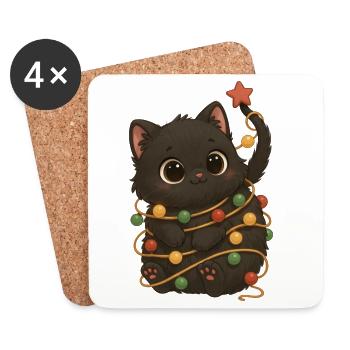 Kätzchen mit Lichterkette Katze Weihnachtsmotiv - Untersetzer (4er-Set) - Weiß - Vorne