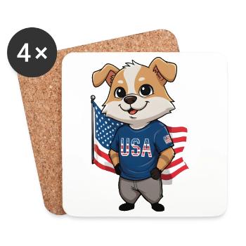 Chien de dessin animé patriotique avec drapeau américain - Dessous de verre (lot de 4) - blanc - Devant